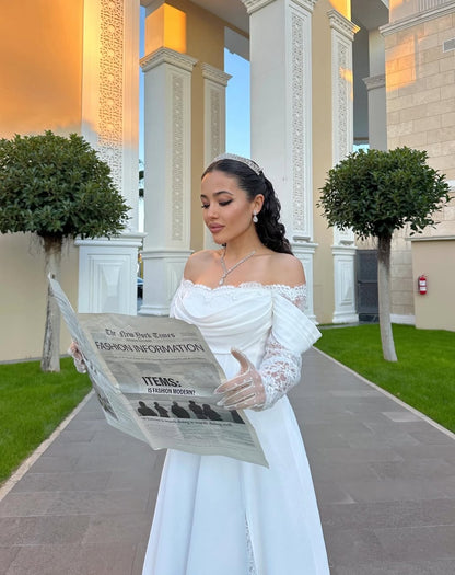 Off-Shoulder Lace Sleeve A-Line Wedding Dress