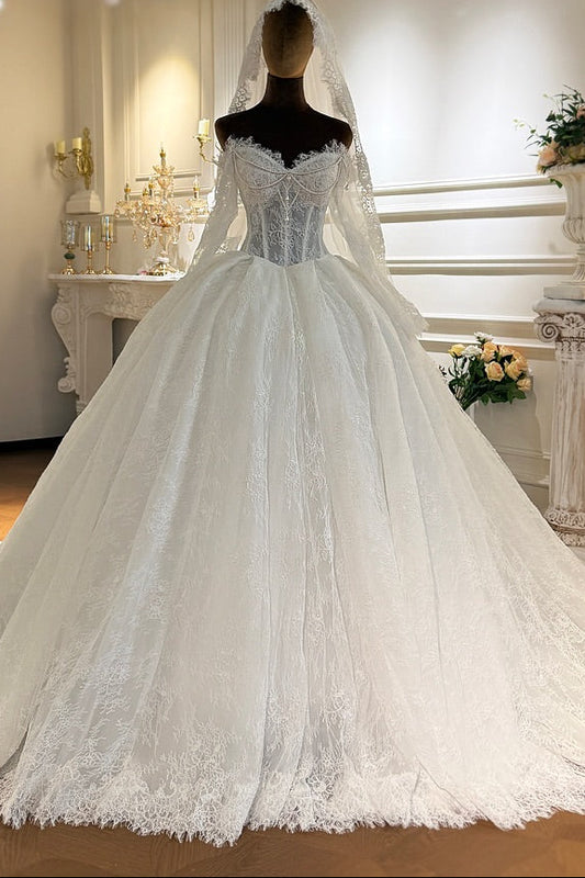 Off-Shoulder Lace Corset Ball Gown Wedding Dress