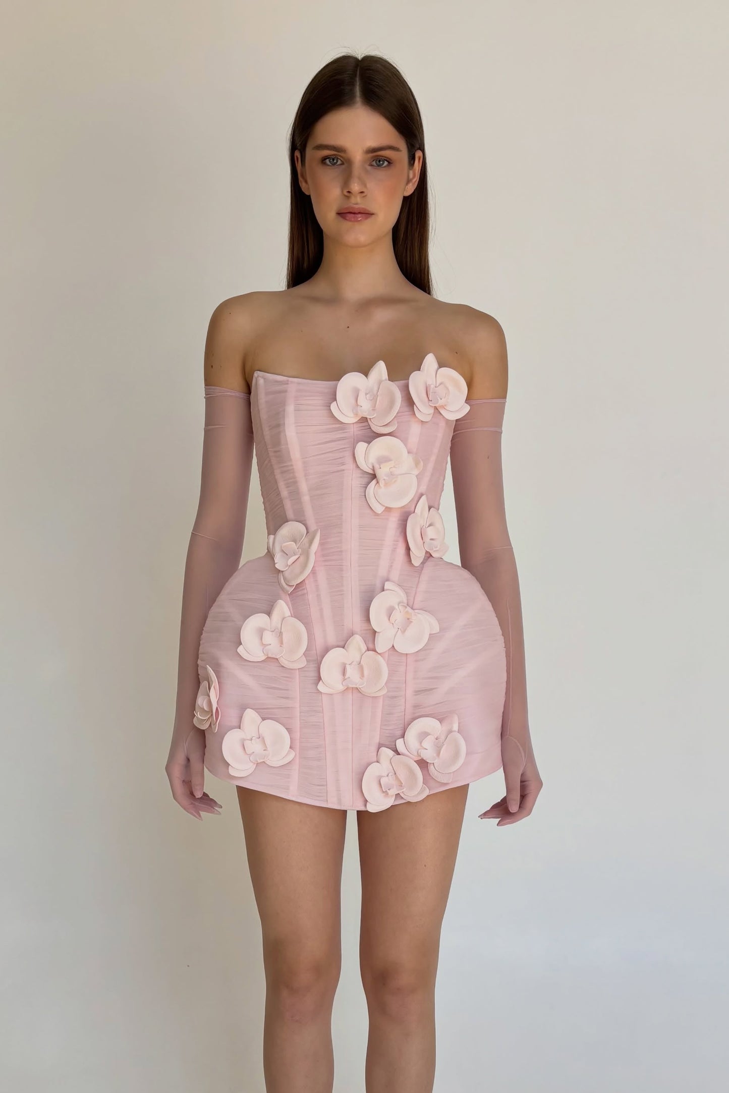 Corset Mini Dress with 3D Orchid Appliques