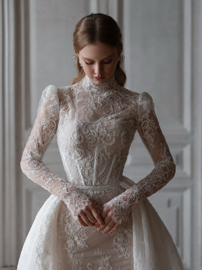 High Neck Lace Wedding Dress with Overskirt