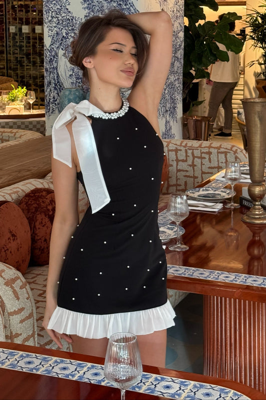 Halter Mini Dress with Bow and Pearl Embellishments