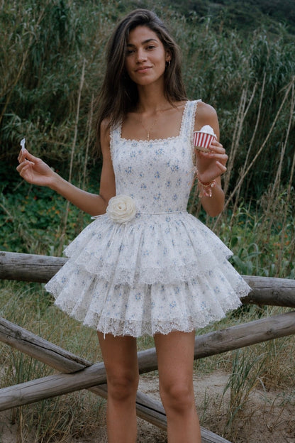 Tiered Floral Mini Dress with Lace Trim
