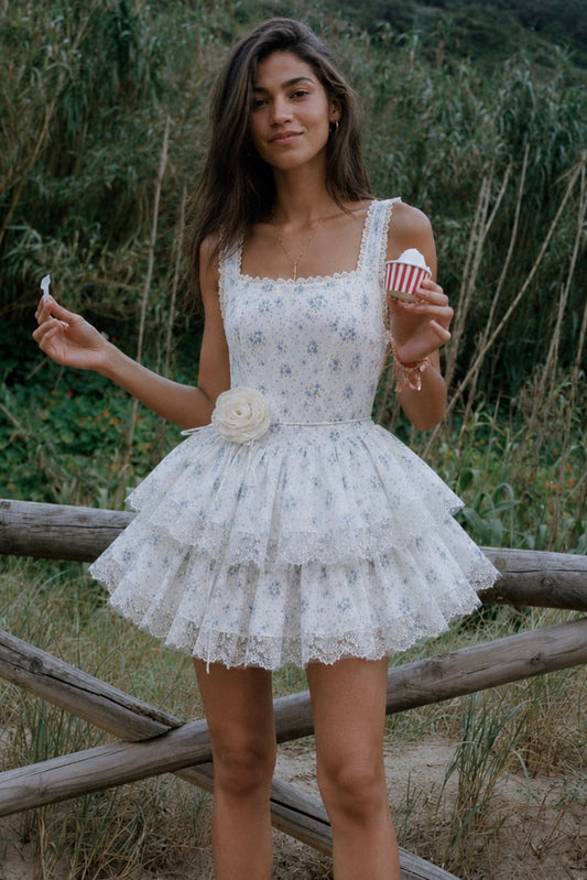 Tiered Floral Mini Dress with Lace Trim