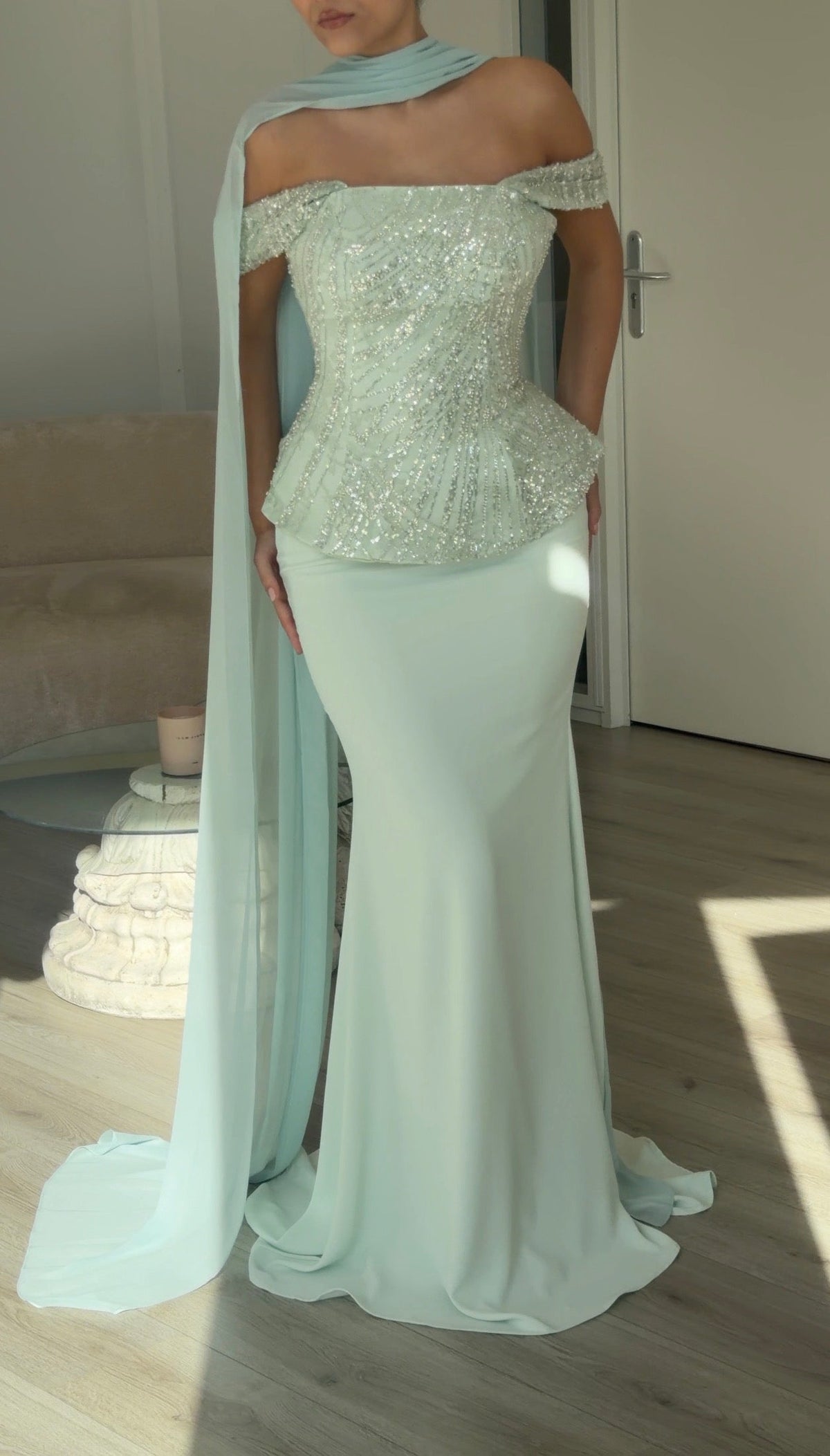 Sequined Peplum Evening Gown with Chiffon Cape