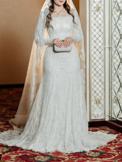 Square Neck Long Sleeve Lace Trumpet Wedding Dress
