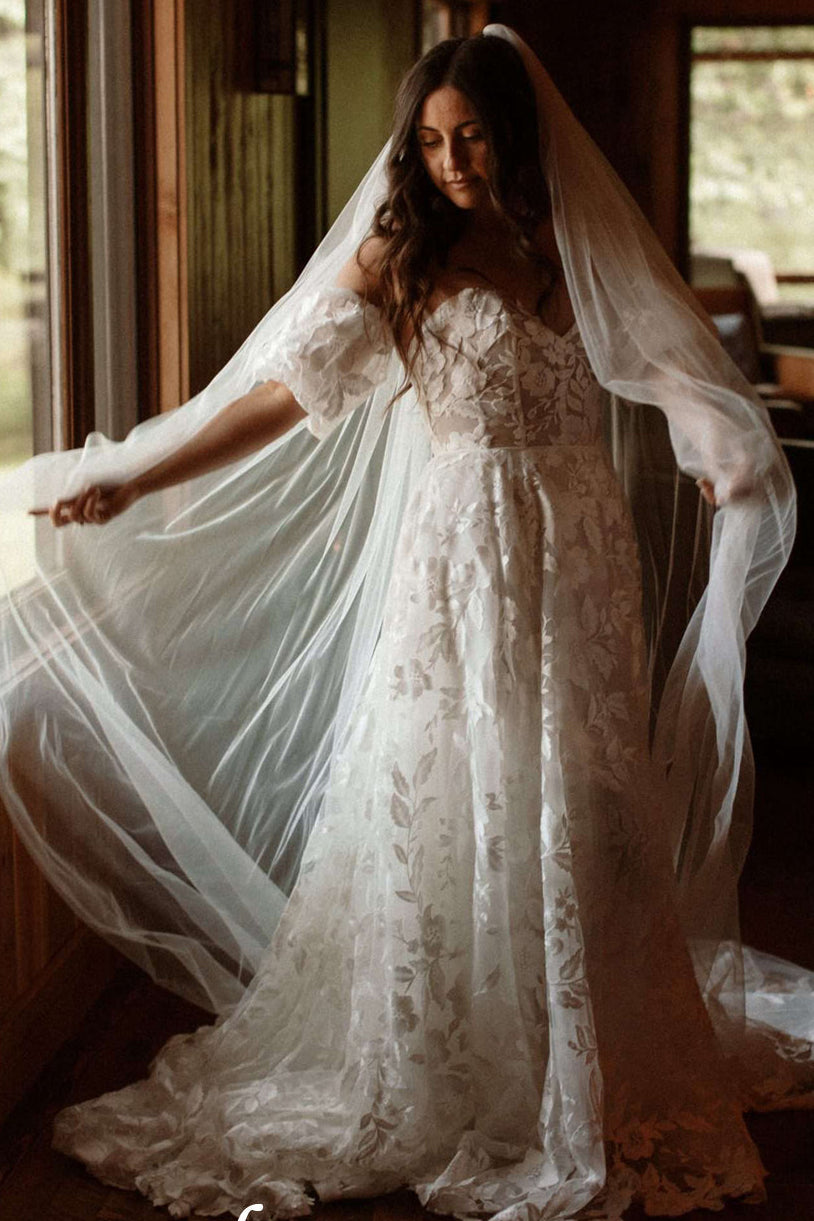 Off-the-Shoulder Lace A-Line Wedding Dress with Slit