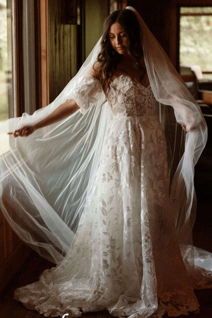 Off-the-Shoulder Lace A-Line Wedding Dress with Slit