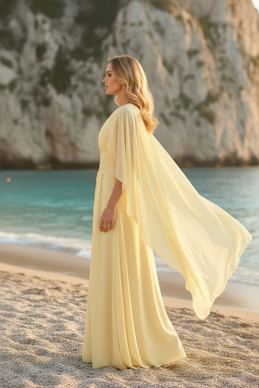 One-Shoulder Floor-Length Gown with Draped Flutter Sleeve