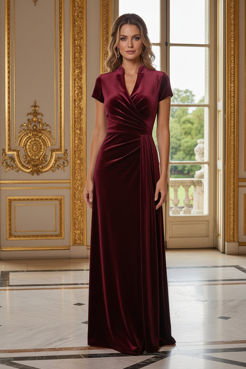 Velvet Maxi Gown with Draped Waist and Pockets