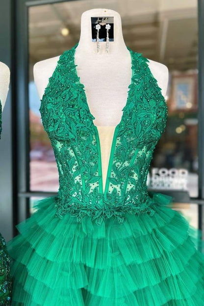 Halter Corset Tiered Tulle Short Homecoming Dress
