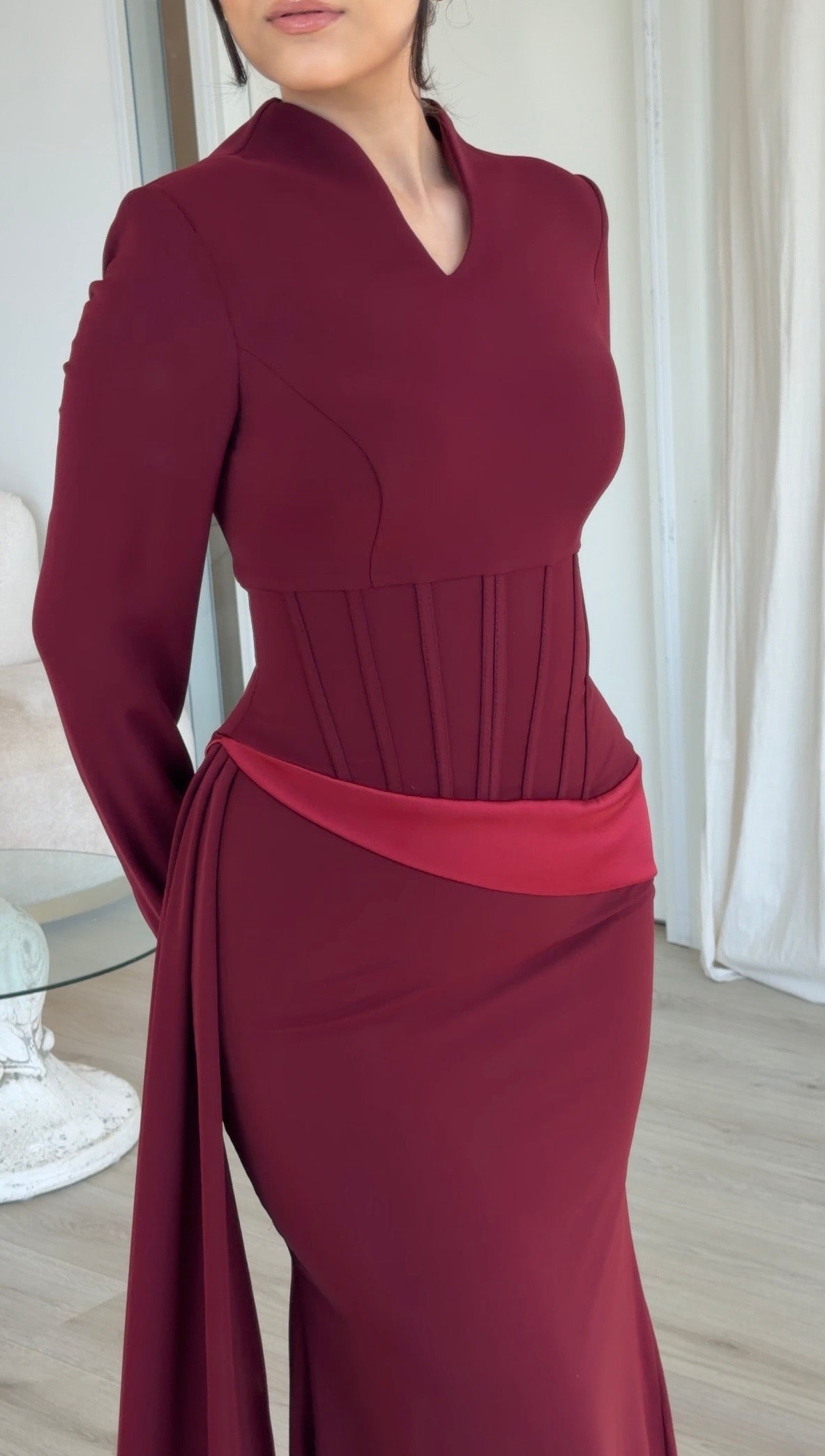 Corset Waist Long Sleeve Gown with Side Drape