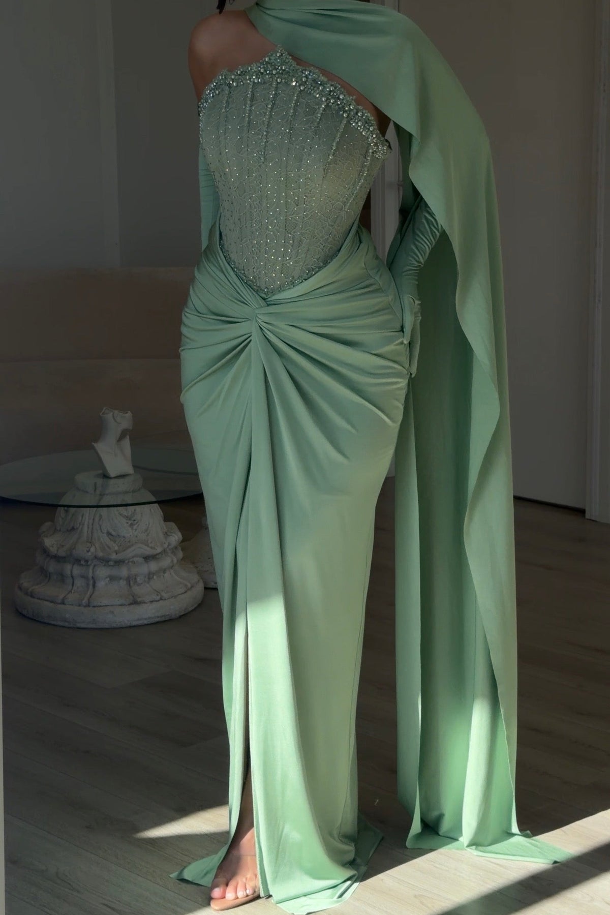 Corset Evening Gown with One-Shoulder Cape