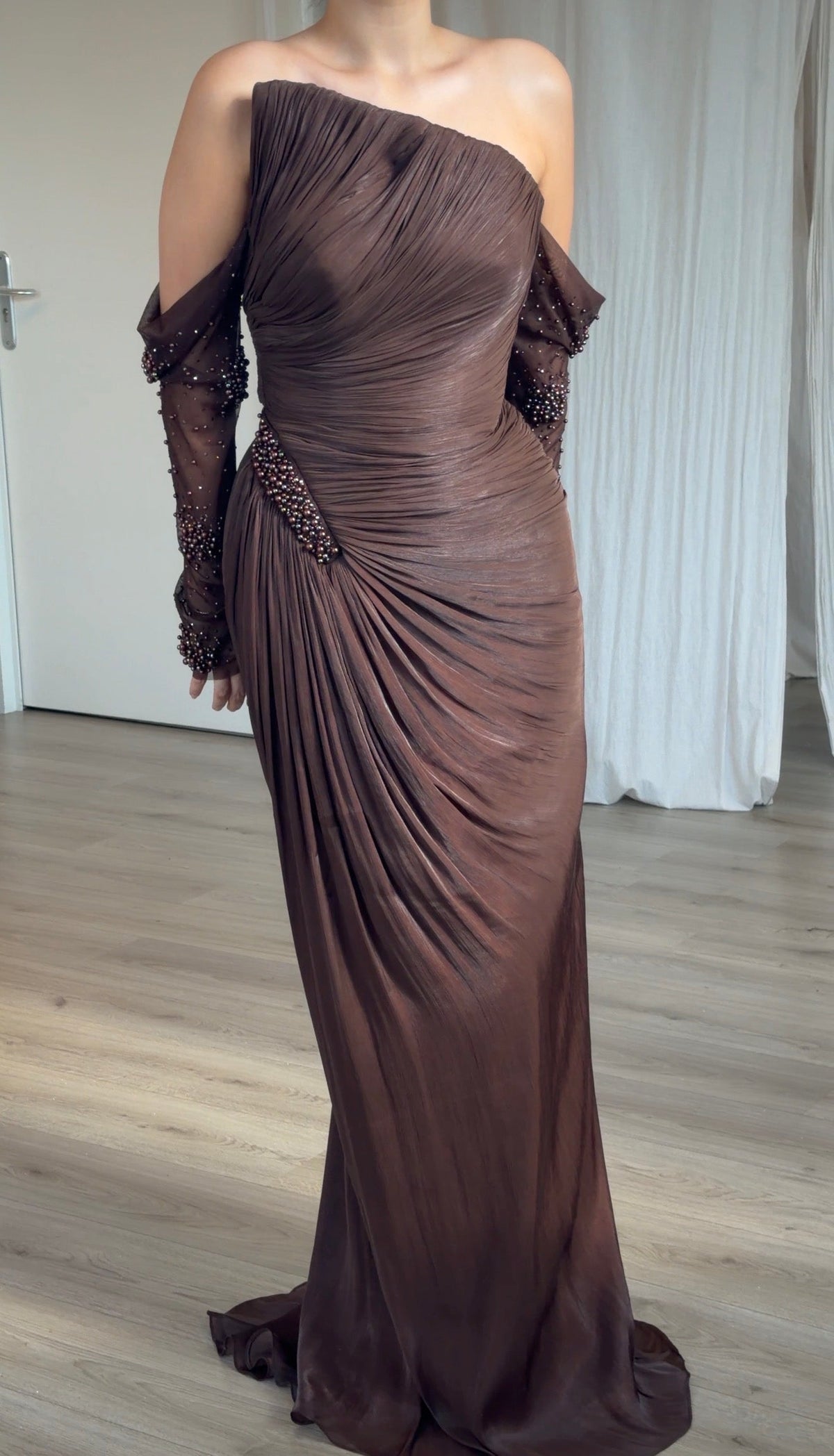 Pleated Asymmetrical Gown with Beaded Hip Accent