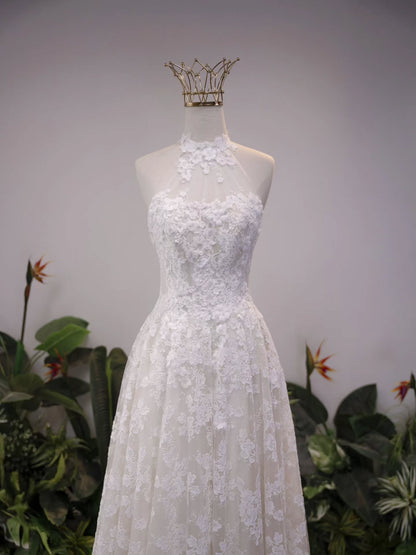 Halter Neck Floral Lace A-Line Wedding Dress