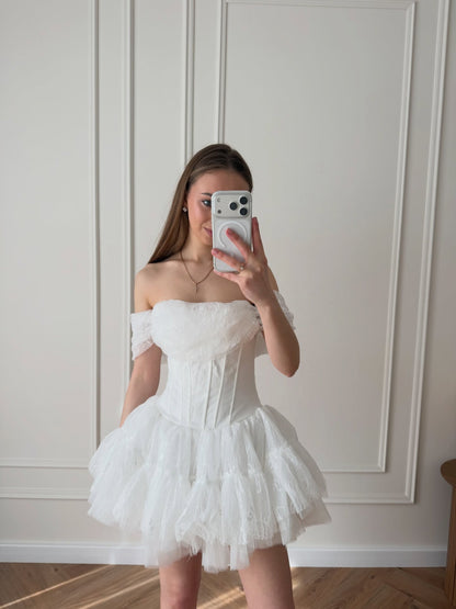 Off-the-Shoulder Corset Tiered Ruffle Mini Dress