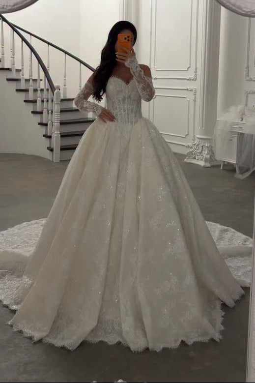 Glitter Lace Long Sleeve Ball Gown Wedding Dress
