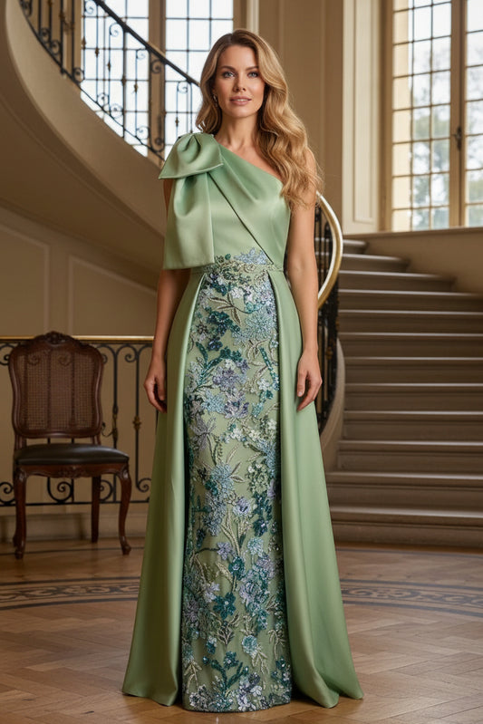 One-Shoulder Floral Embroidered Gown with Overskirt