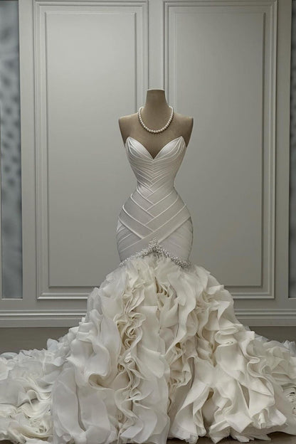Pleated Mermaid Wedding Dress with Ruffled Train