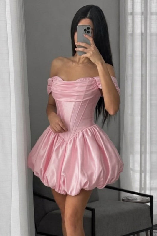 Off-Shoulder Corset Bubble Hem Satin Mini Dress