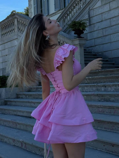 Corset Tiered Mini Dress with Flutter Sleeves