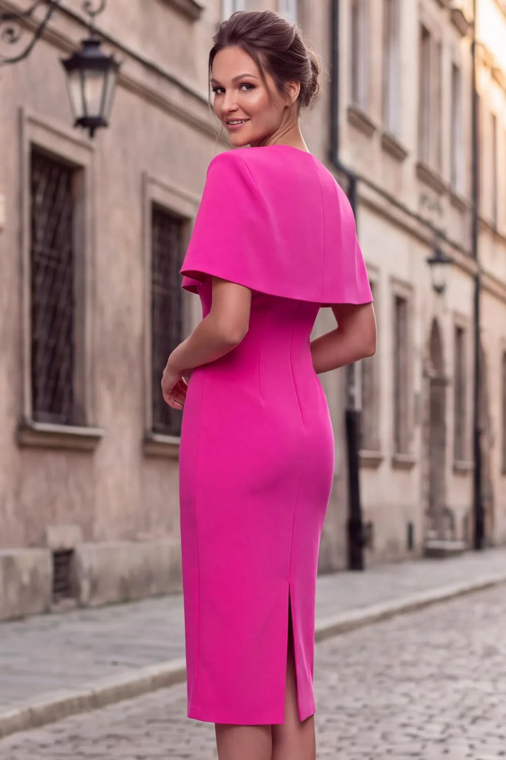 Cape Sleeve Midi Sheath Dress with Slit