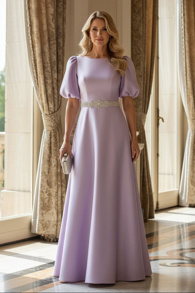A-Line Satin Gown with Puff Sleeves and Beaded Waistband
