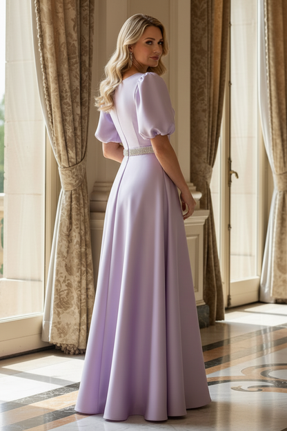 A-Line Satin Gown with Puff Sleeves and Beaded Waistband
