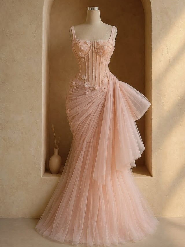 Corset Tulle Mermaid Evening Gown with Side Draping