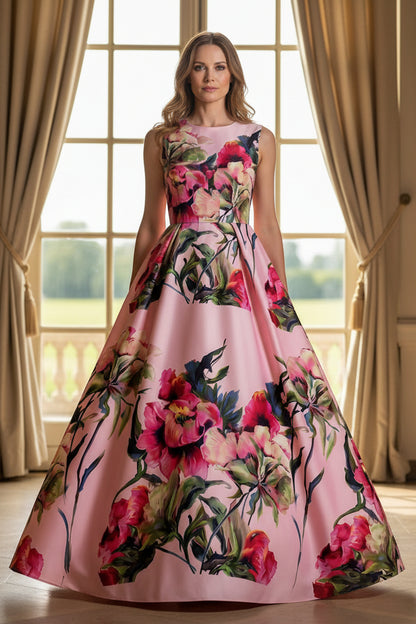 Floral Print Sleeveless Ball Gown Evening Dress