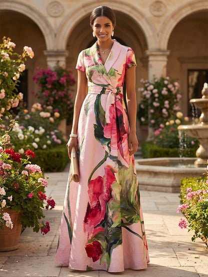 Floral Shawl-Collar A-Line Maxi Dress