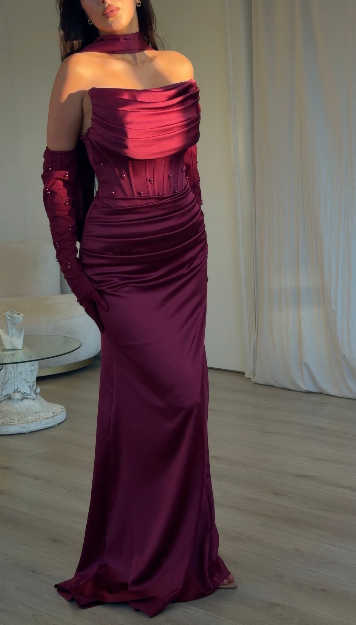Strapless Corset Satin Gown with Embellished Gloves