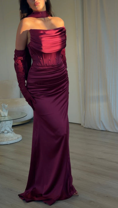 Strapless Corset Satin Gown with Embellished Gloves