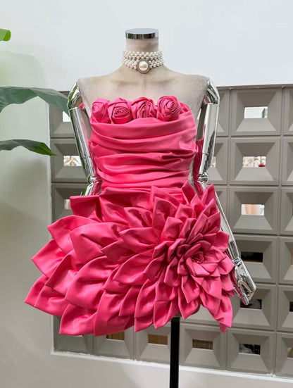 Strapless Ruched Mini Dress with 3D Floral Accents