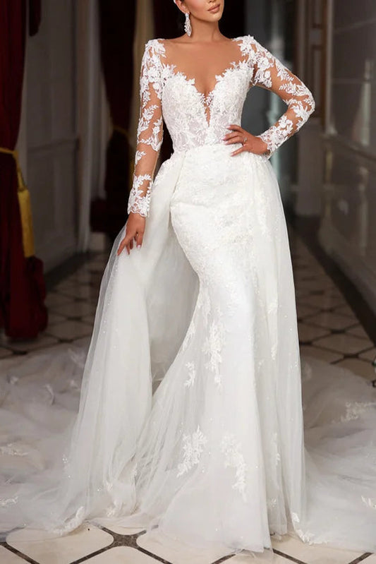 Lace Mermaid Long Sleeve Wedding Dress with Overskirt