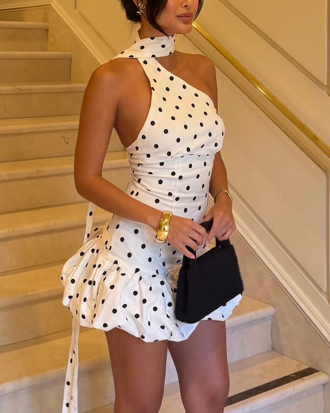 Polka Dot One-Shoulder Halter Mini Dress