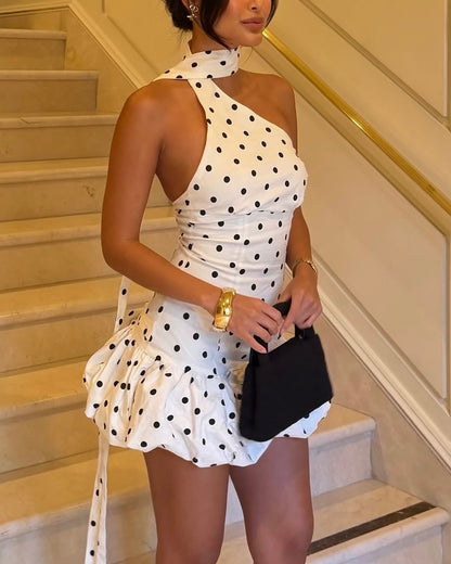 Polka Dot One-Shoulder Halter Mini Dress