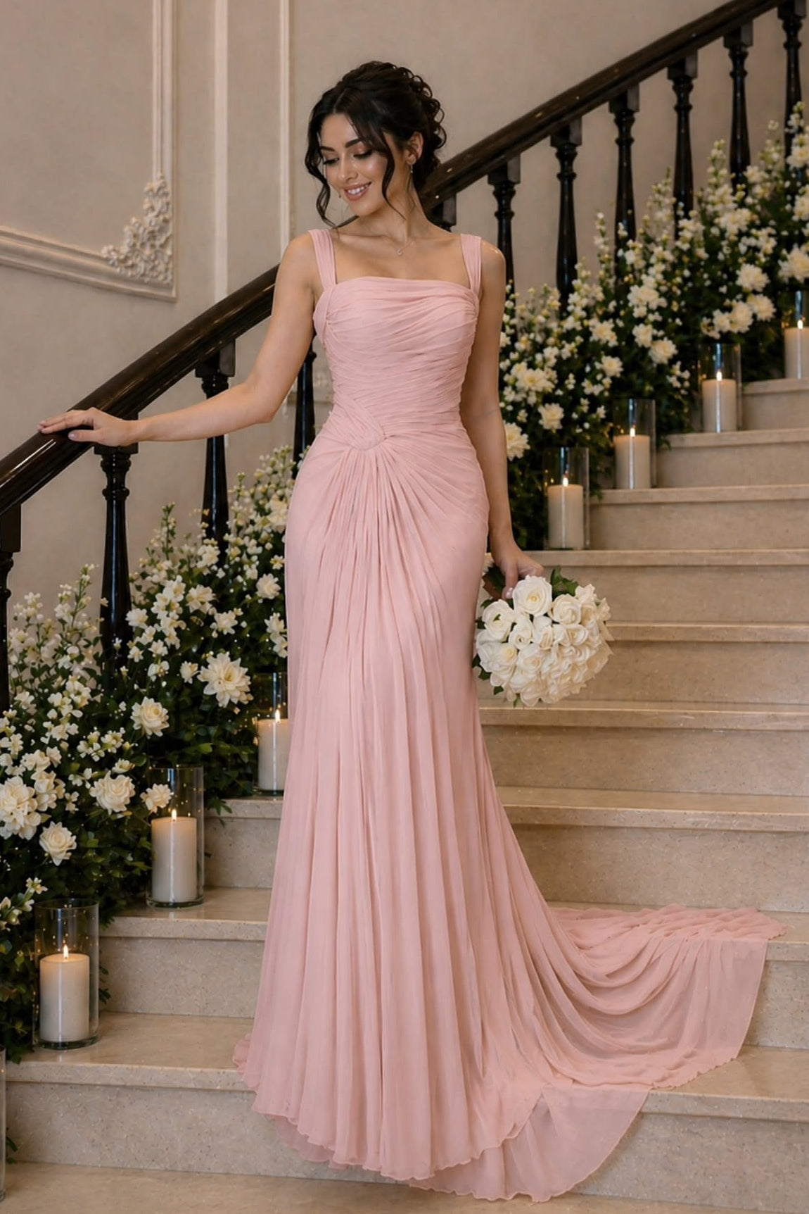 Ruched Chiffon Column Evening Gown with Train