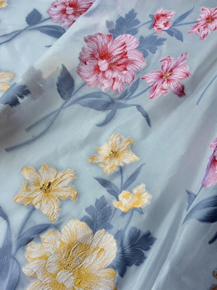 Floral Embroidered Tulle Tea-Length Dress with Collar & Sash