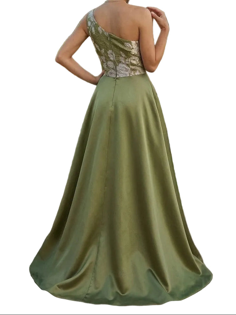 One-Shoulder Floral Jacquard Gown with Satin Overskirt