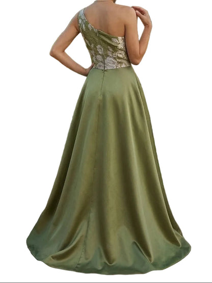 One-Shoulder Floral Jacquard Gown with Satin Overskirt