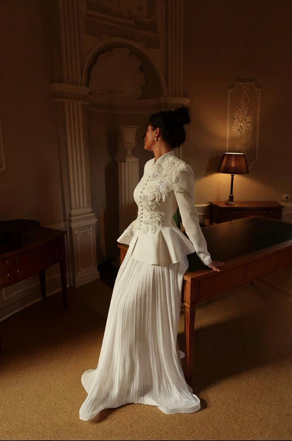 Embroidered Peplum Jacket & Pleated Maxi Dress Set