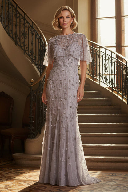 Beaded Evening Gown with Flutter Capelet