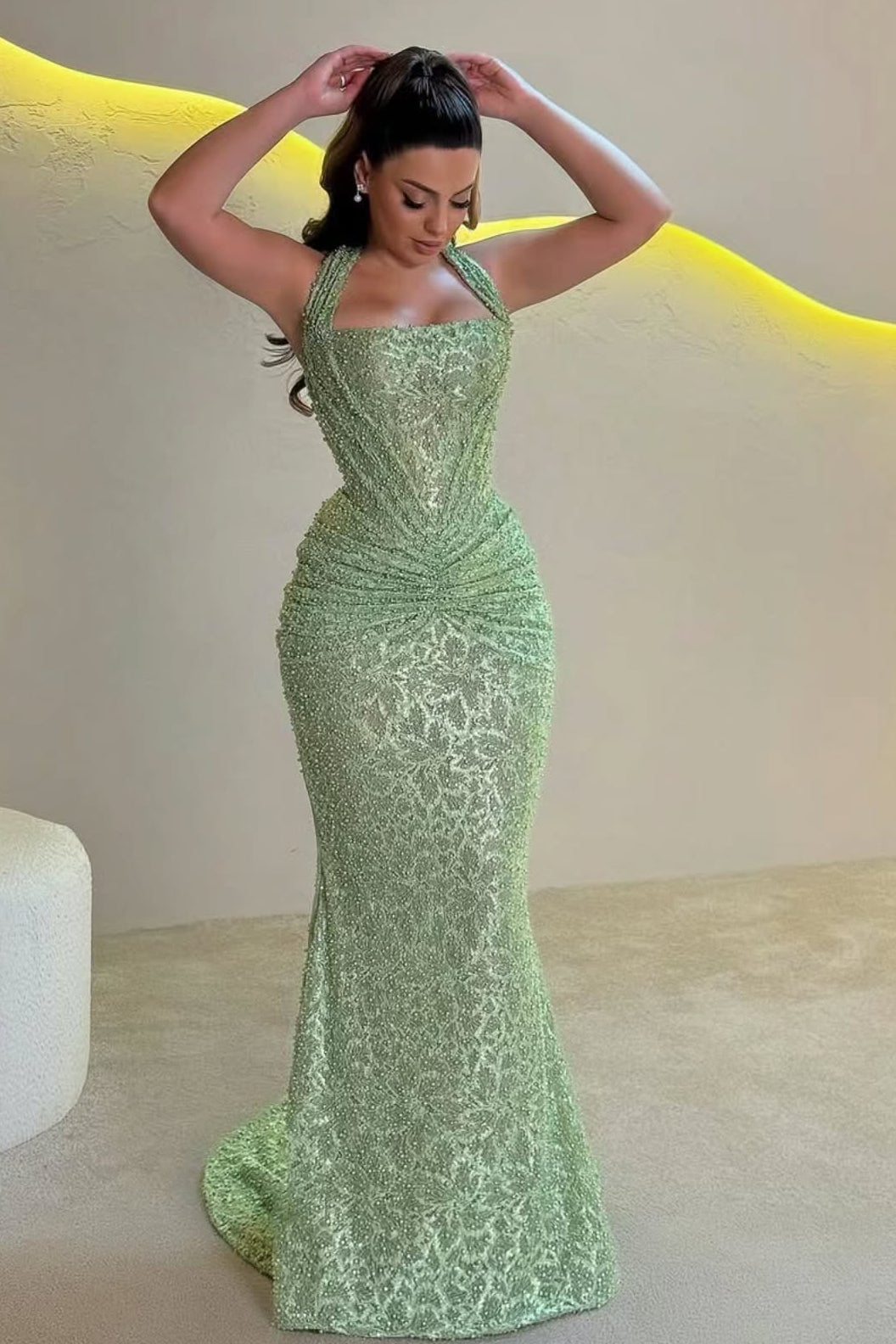 Halter Corset Ruched Mermaid Evening Gown