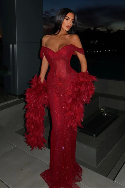 Off-the-Shoulder Glitter Corset Gown with Feather Boa