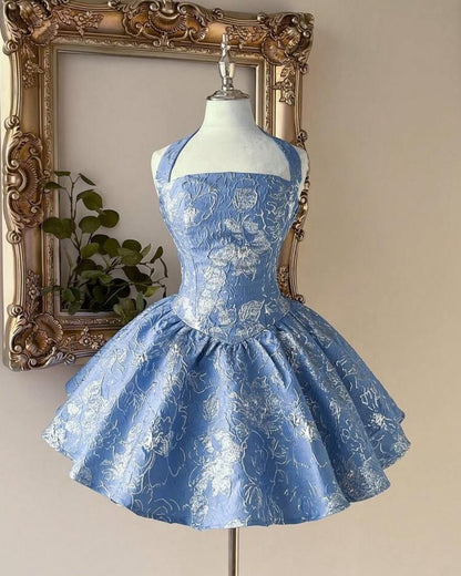 Jacquard Halter Mini Dress with Corset Bodice