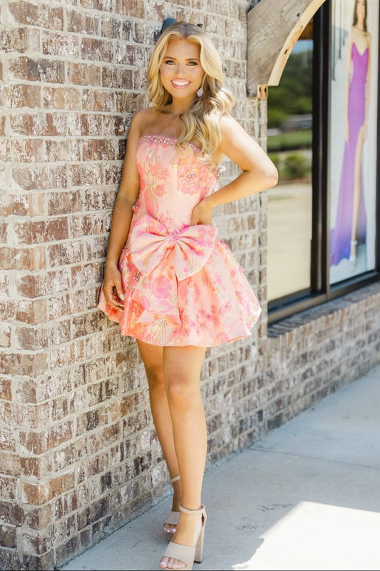 Strapless Floral Jacquard Mini Dress with Bow