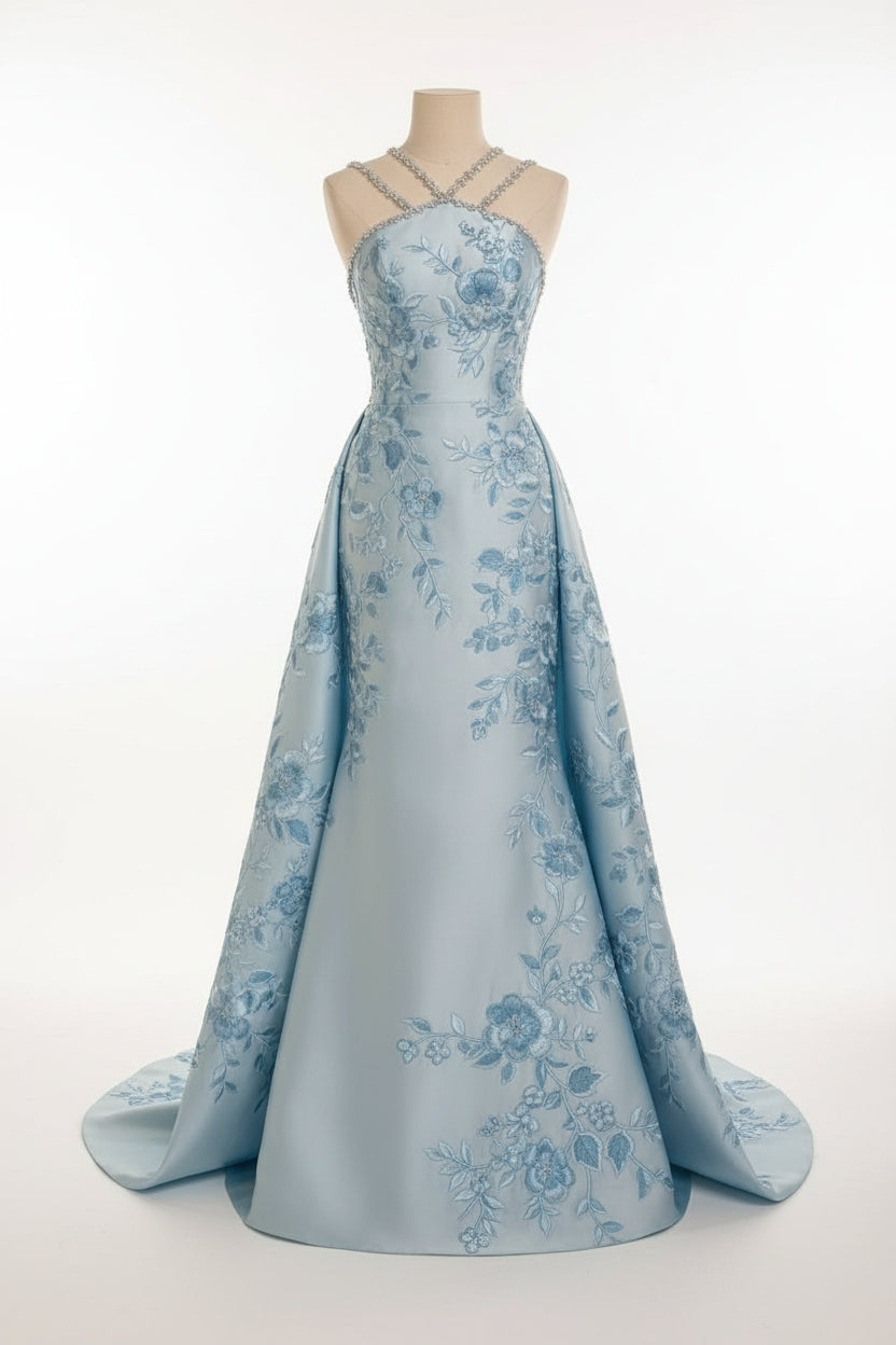 Embroidered Satin Gown with Beaded Straps