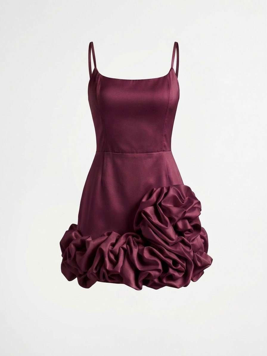 Satin Corset Mini Dress with 3D Flower Ruffles