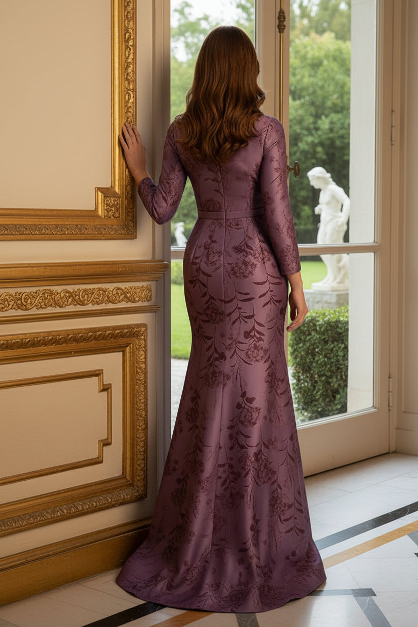 Floral Long Sleeve Mermaid Evening Gown