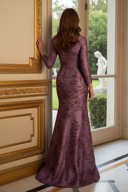 Floral Long Sleeve Mermaid Evening Gown